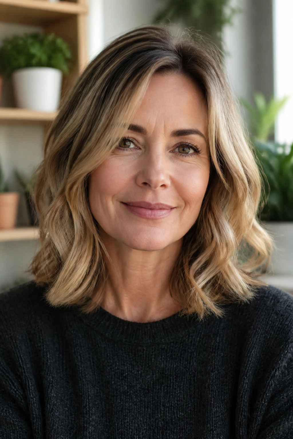 Real woman with shoulder-length hair and subtle layers, portrait