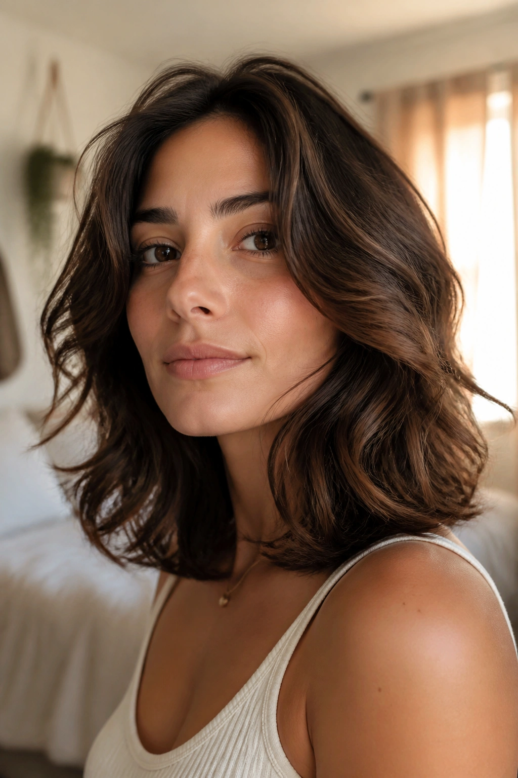 Close-up of thick wavy hair with shoulder-grazing flip layers on a real person in warm window light