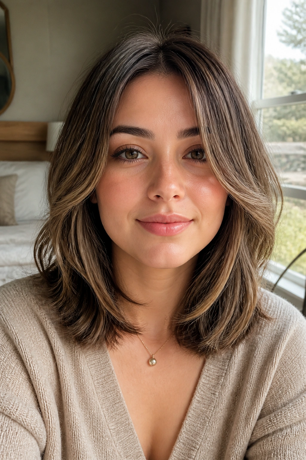 Portrait of a real person showing shoulder-grazing layered haircut