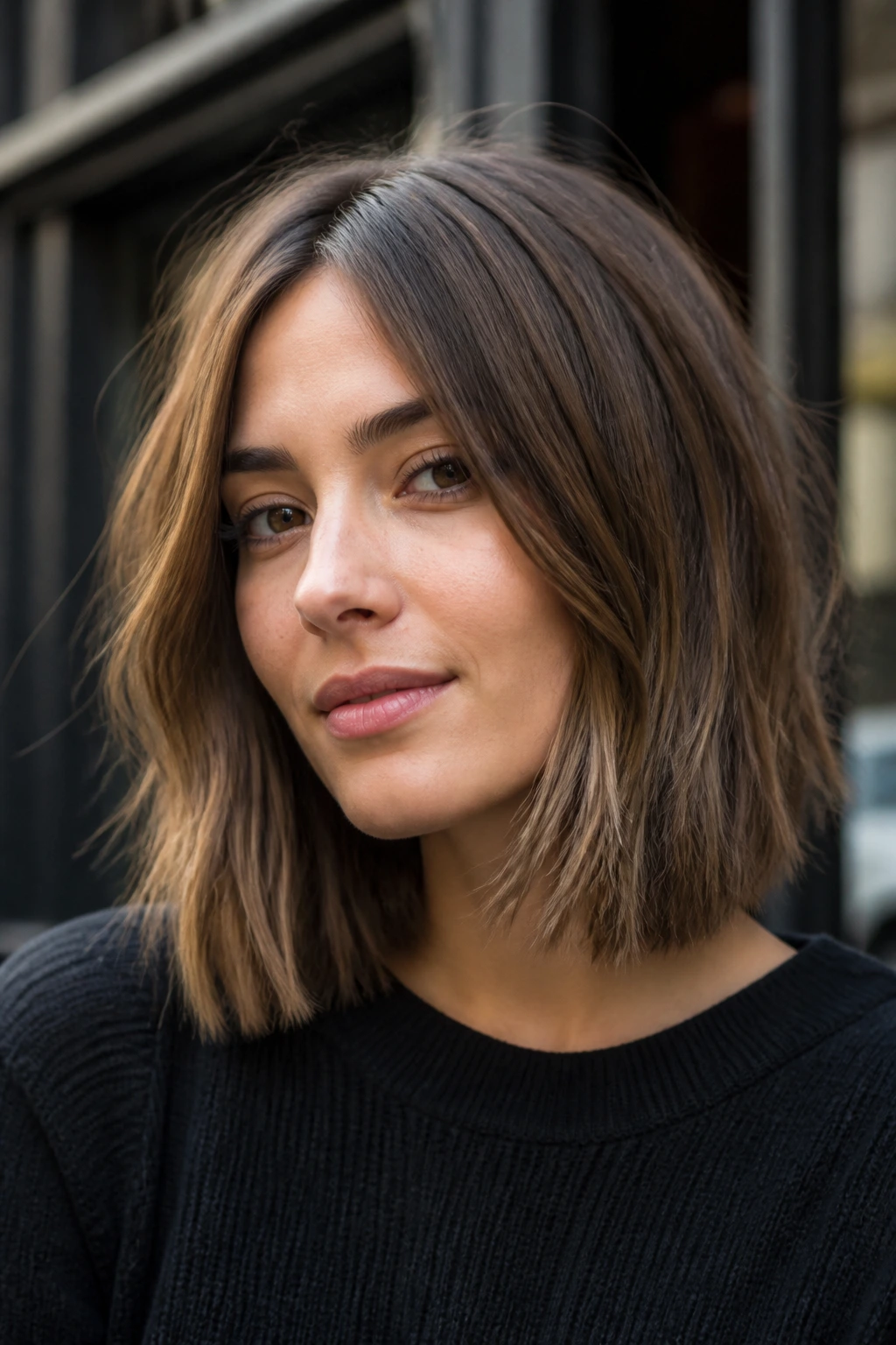 Close-up portrait of a real woman with shoulder-grazing lob and chopped ends in daylight