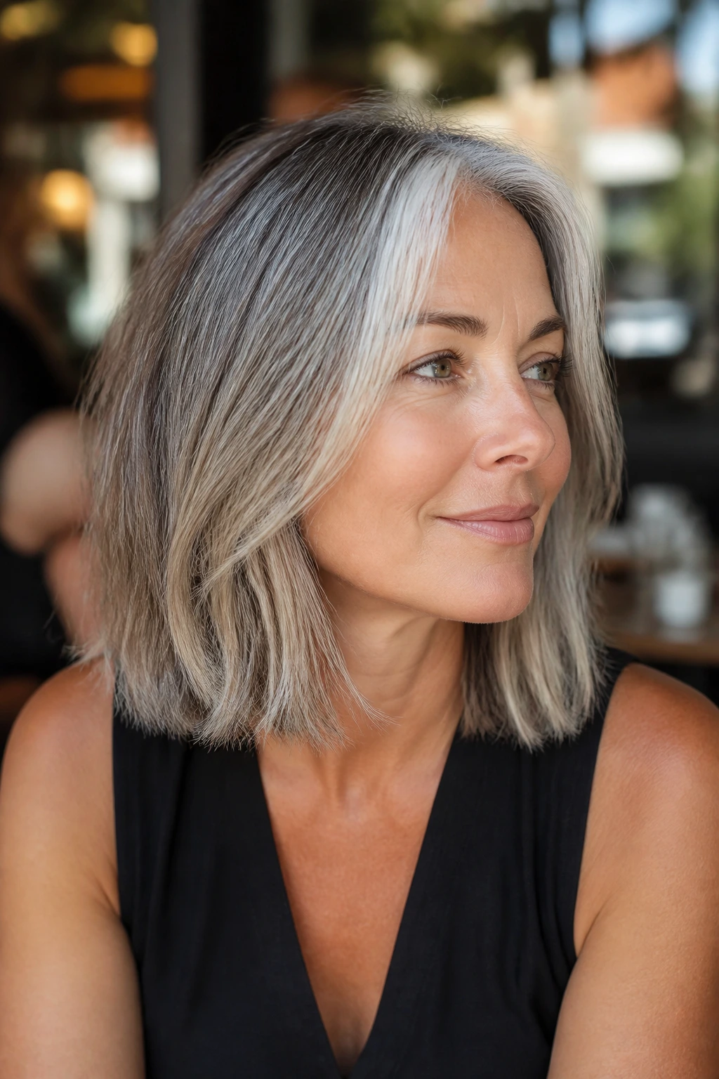 Close-up of a woman with a shoulder-grazing grey lob showing dimensional color.