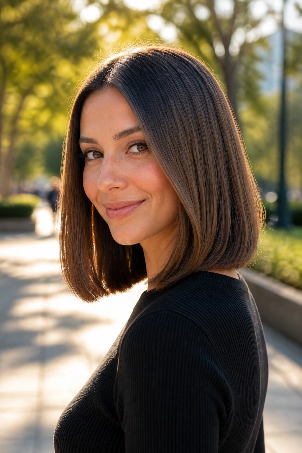 Real woman with shoulder-grazing full-perimeter lob in golden hour light