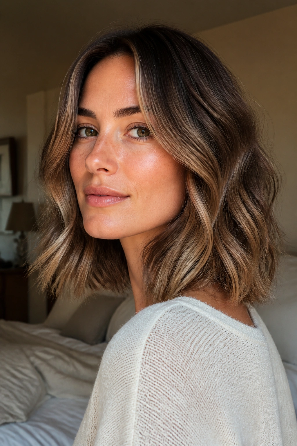 Close-up portrait of a real woman with a shoulder-grazing lob and soft waves in natural window light.