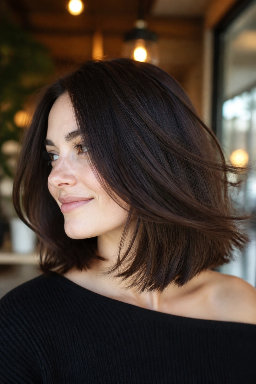 Close-up of a real woman with shoulder-grazing lob in chocolate brunette with invisible layers