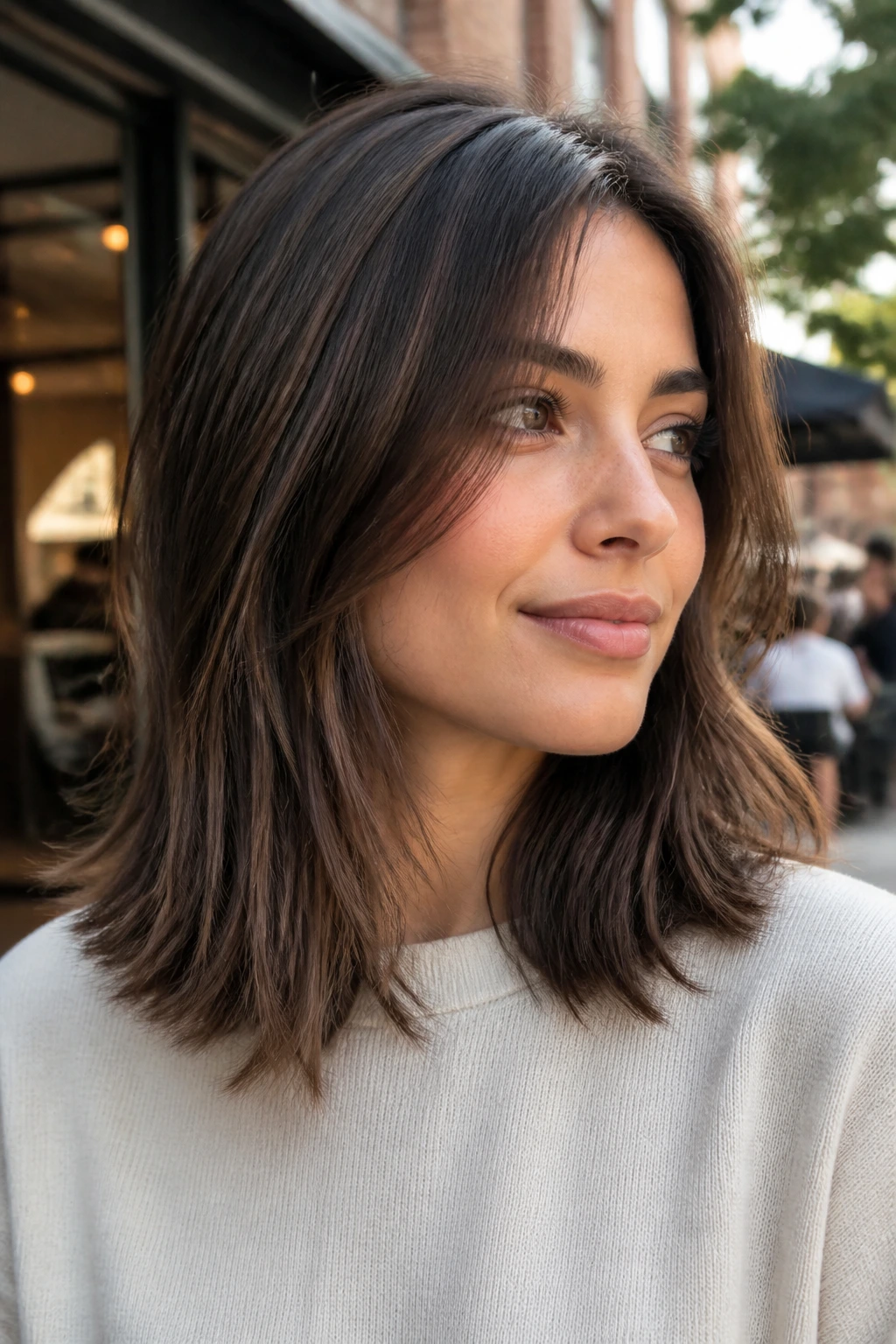 Close-up portrait of a real woman with shoulder-grazing cut and micro layers