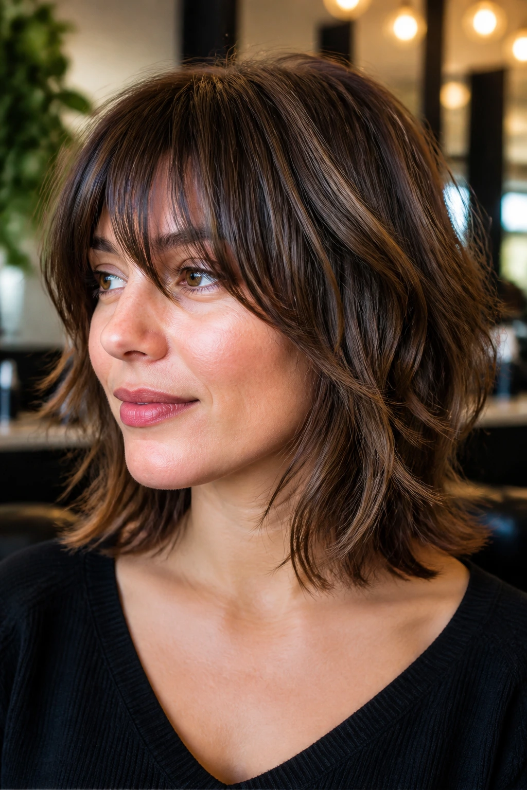 Close-up portrait of a real person wearing a shoulder-grazing soft shag hairstyle in a salon setting