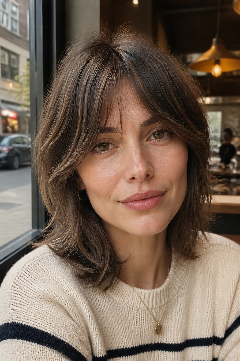 Close-up of a real person with shoulder-length shag and bottleneck bangs