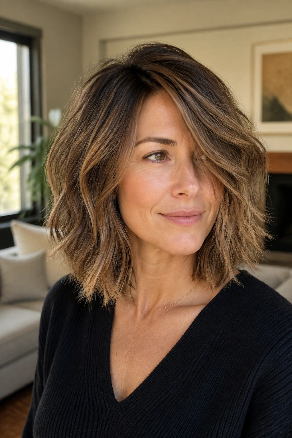 Portrait of a real woman with shoulder-grazing shag and a deep side part