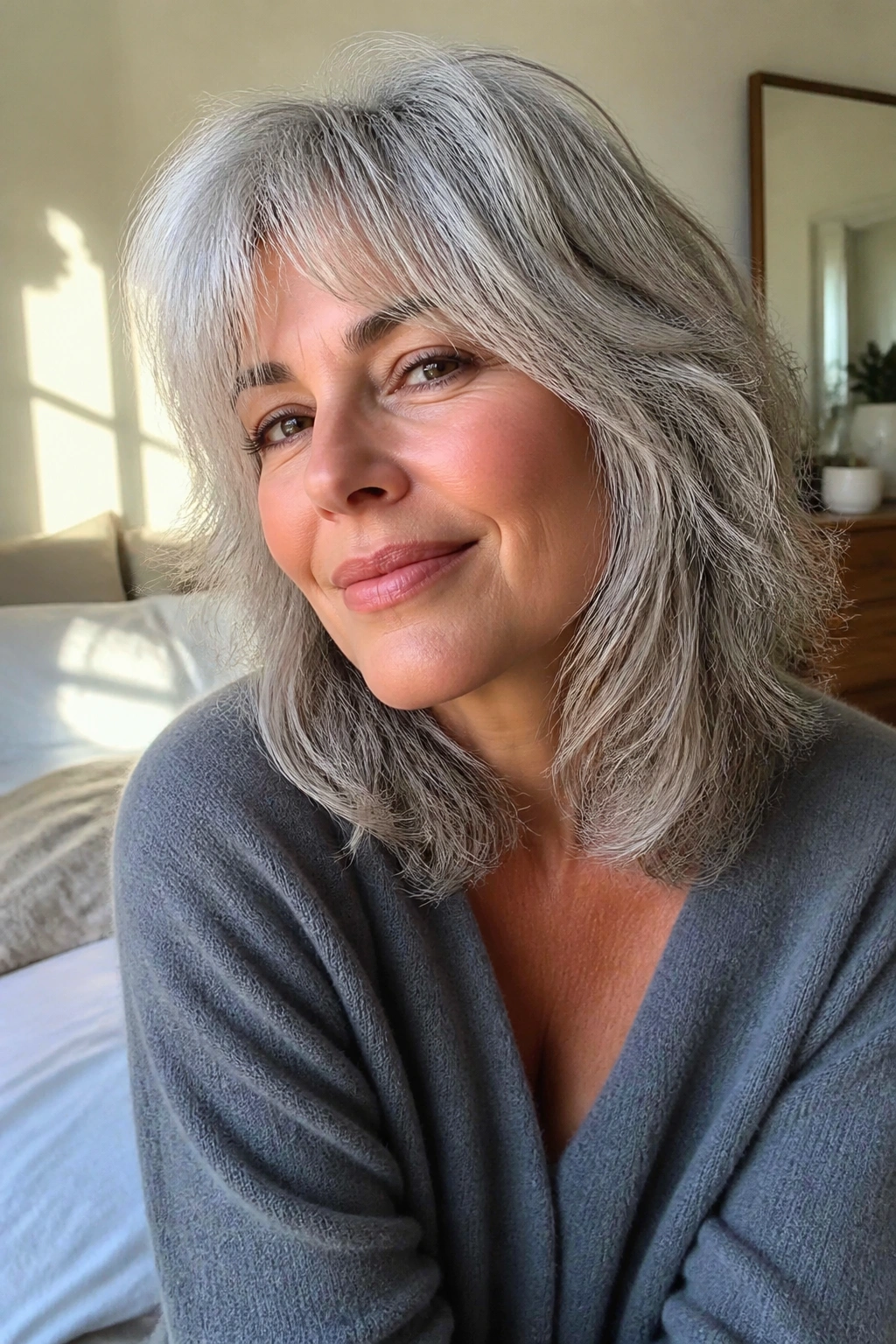 Portrait of a real person with a shoulder-grazing shag hairstyle
