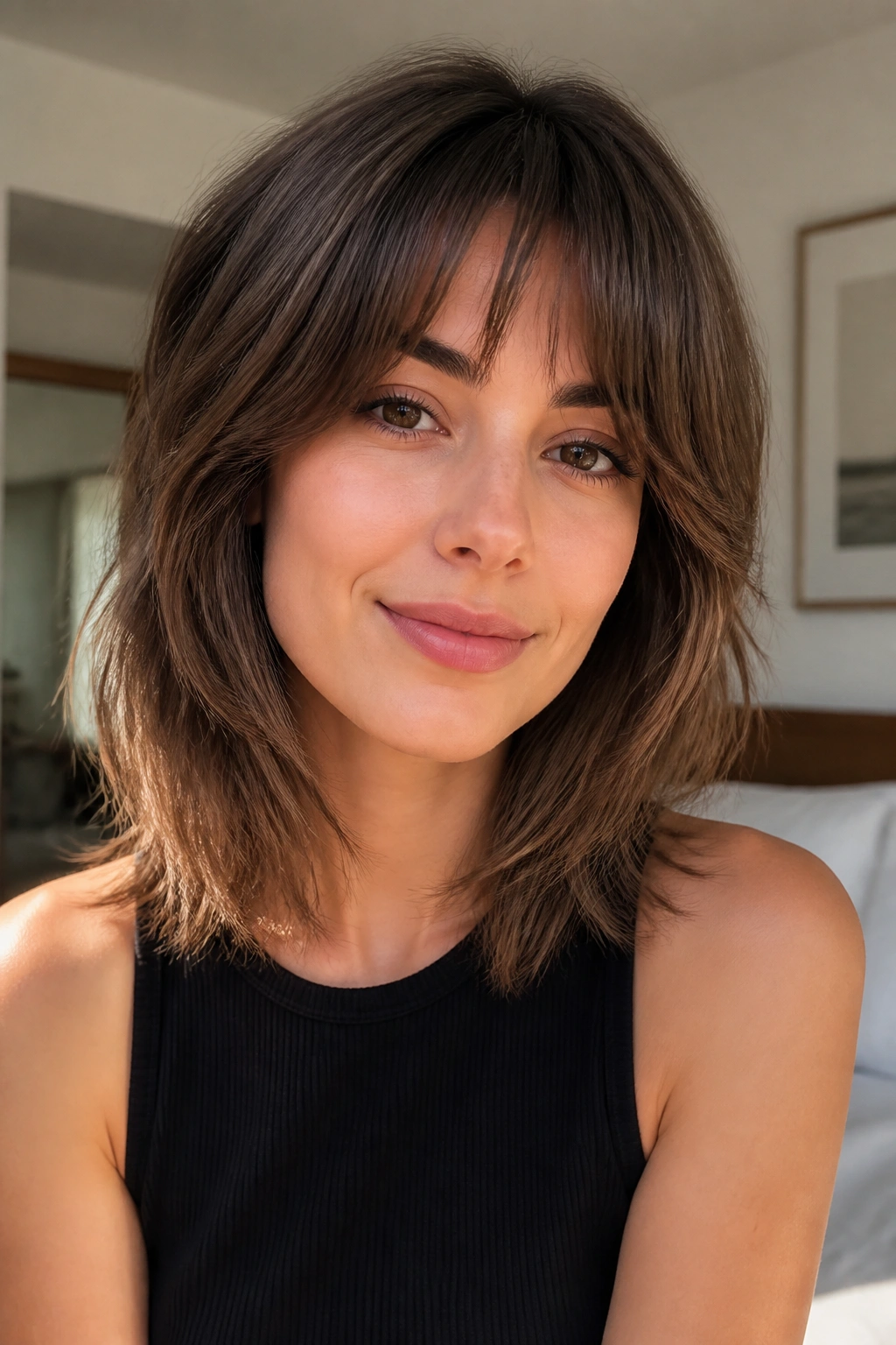 Close-up portrait of a real woman with shoulder-grazing soft shag hairstyle in warm window light