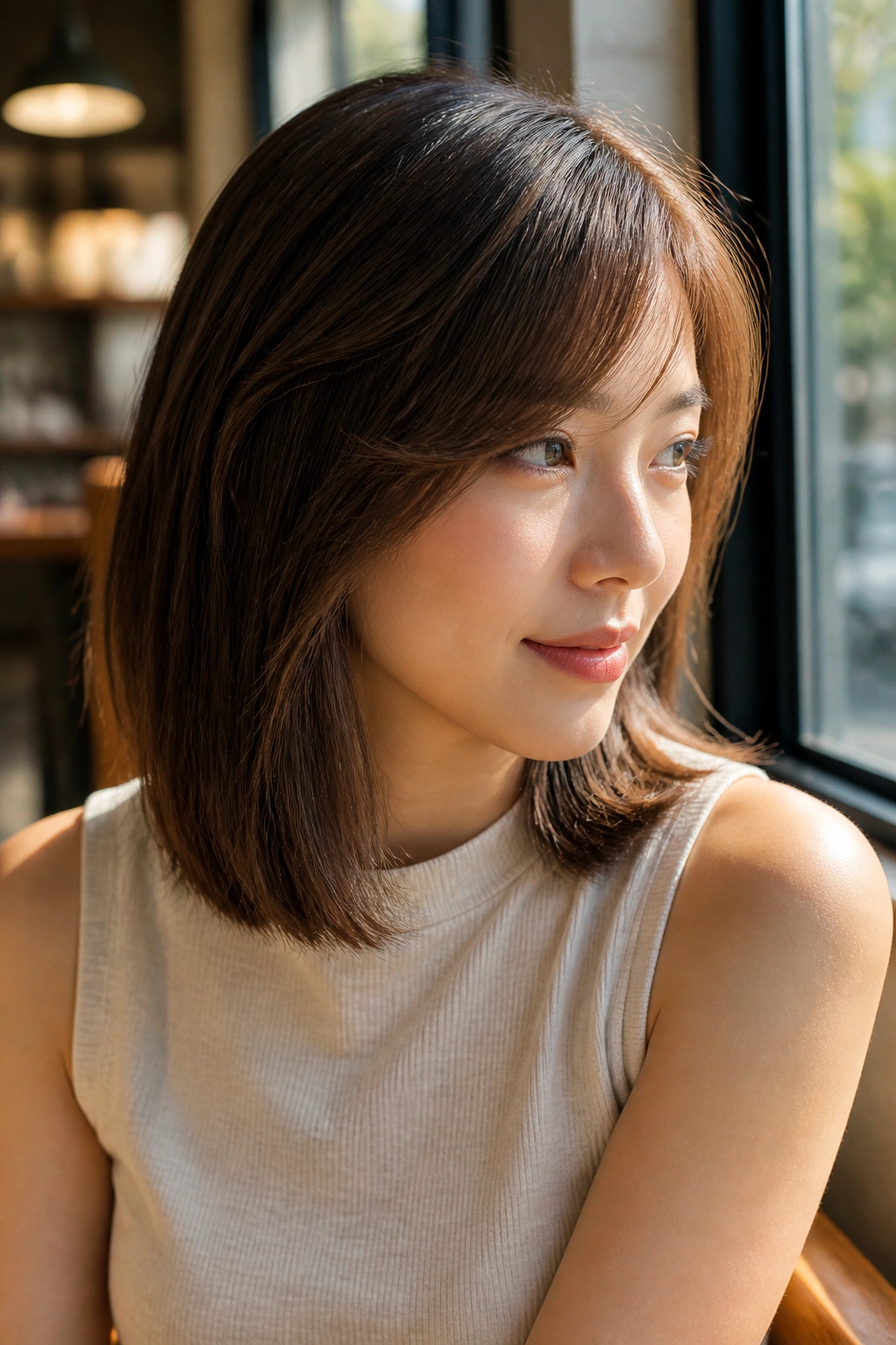 Portrait of a woman with shoulder-grazing cut and side bangs in a sunny cafe.