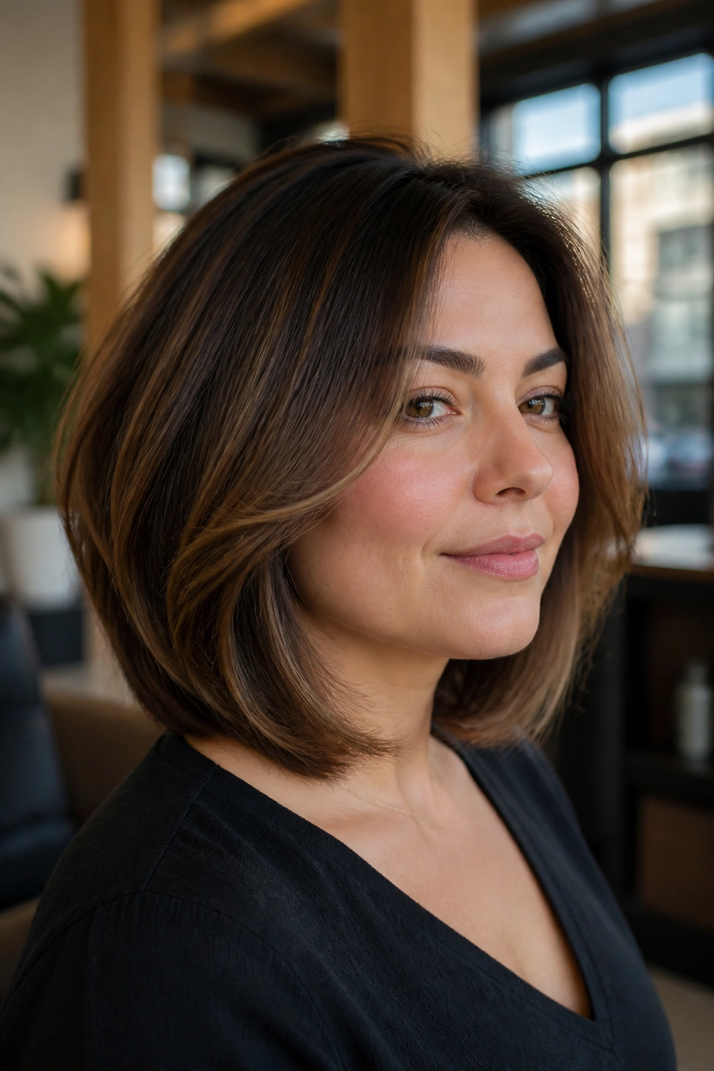 Close-up of a real woman with a shoulder-grazing stack and soft bends in the hair