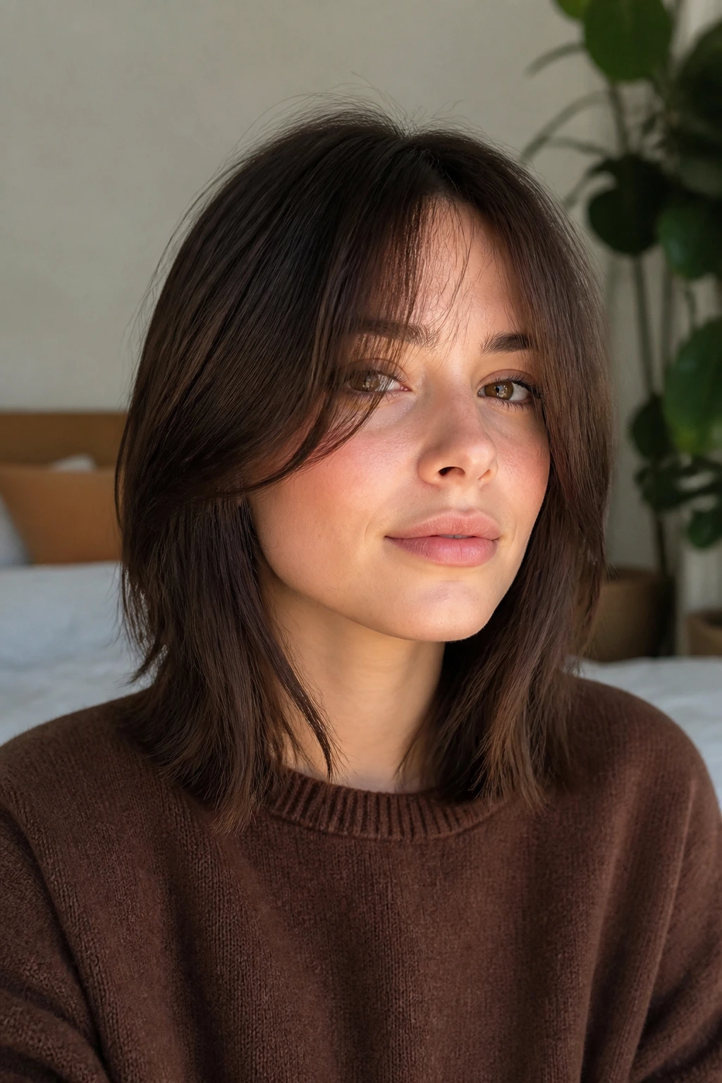 Real person with shoulder-length hair and long, softly styled fringe
