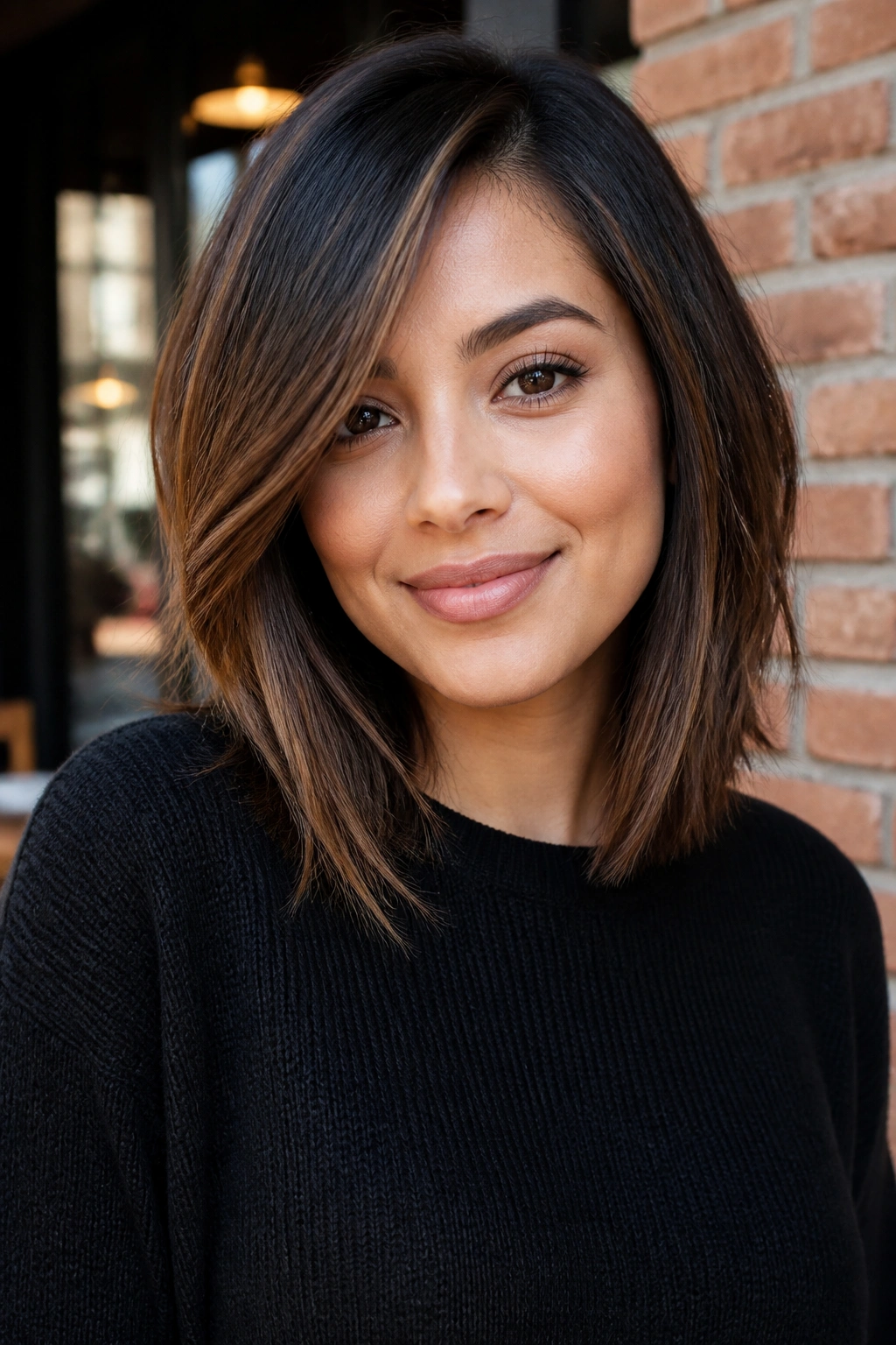 Close-up of a real woman with shoulder-length hair and angled layers framing the face