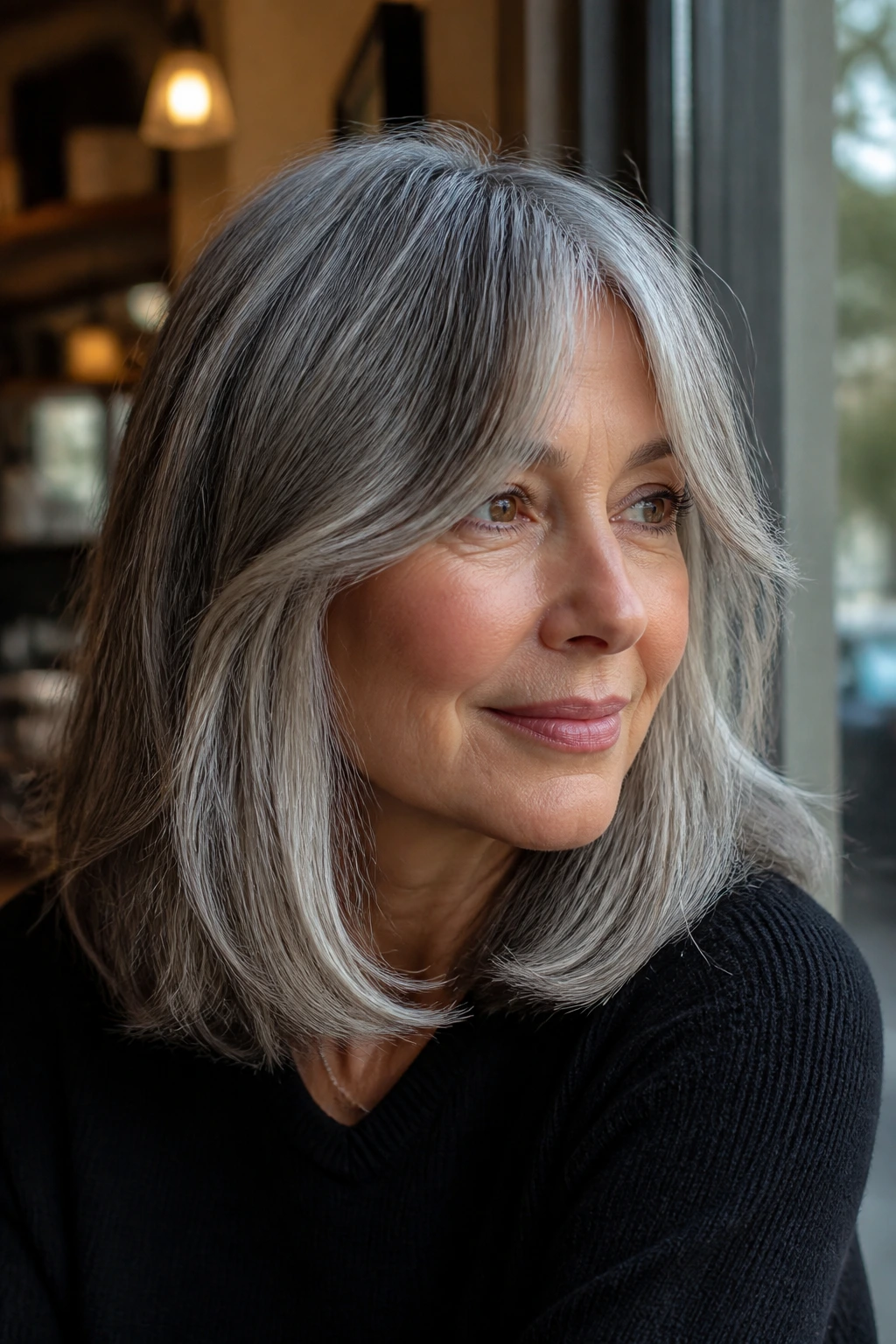 Close-up portrait of a real woman with shoulder-length grey hair and bottleneck bangs by a cafe window.