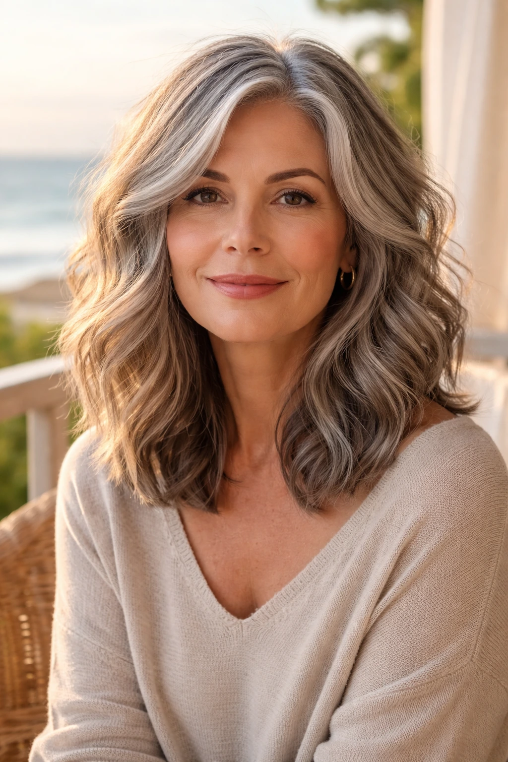 Real woman with shoulder-length silver-grey beach waves