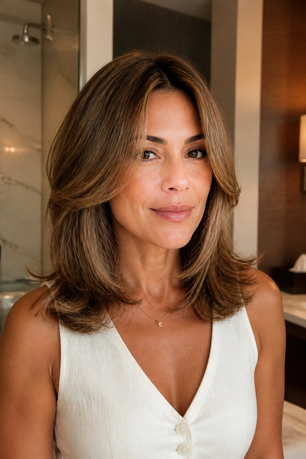 Portrait of a real woman with shoulder-length blowout layers.