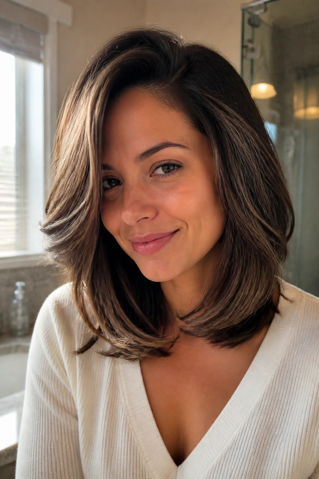 Close-up of a real woman with a shoulder-length blowout and flipped-over part, volume at roots