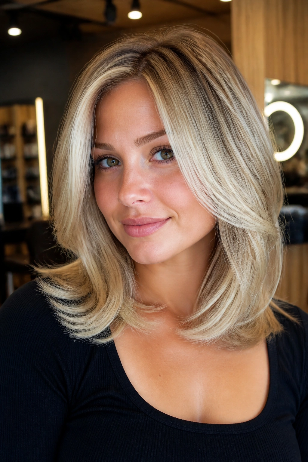 Close-up of a real woman with shoulder-length blowout layers