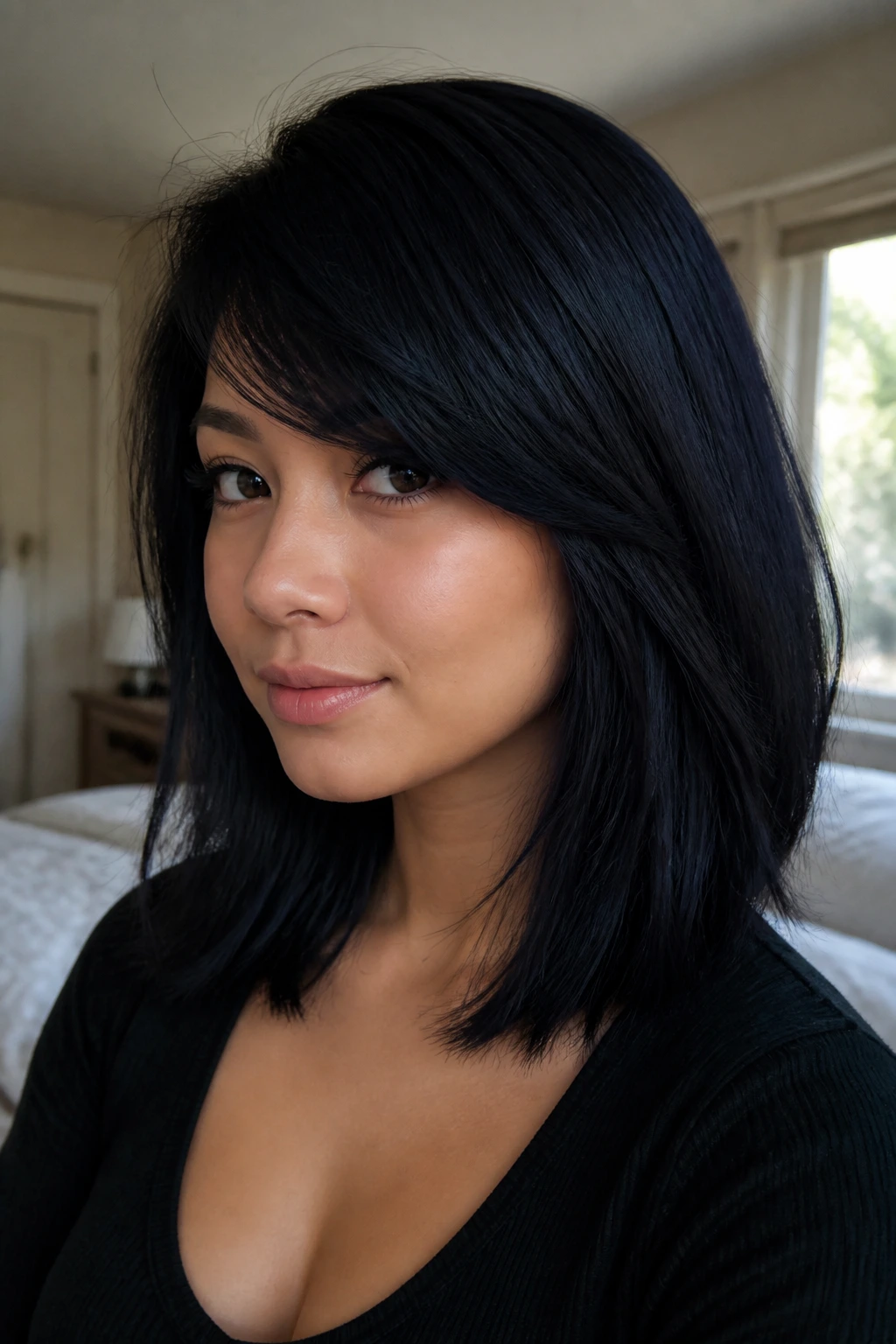 Close-up portrait of a woman with shoulder-length blue-black hair and side-swept bangs.