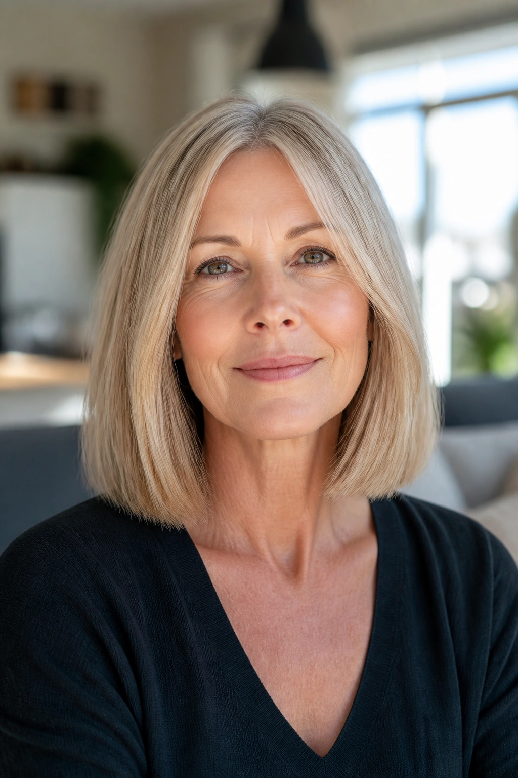 Close-up of a woman with shoulder-length blunt cut hair in a bright home setting
