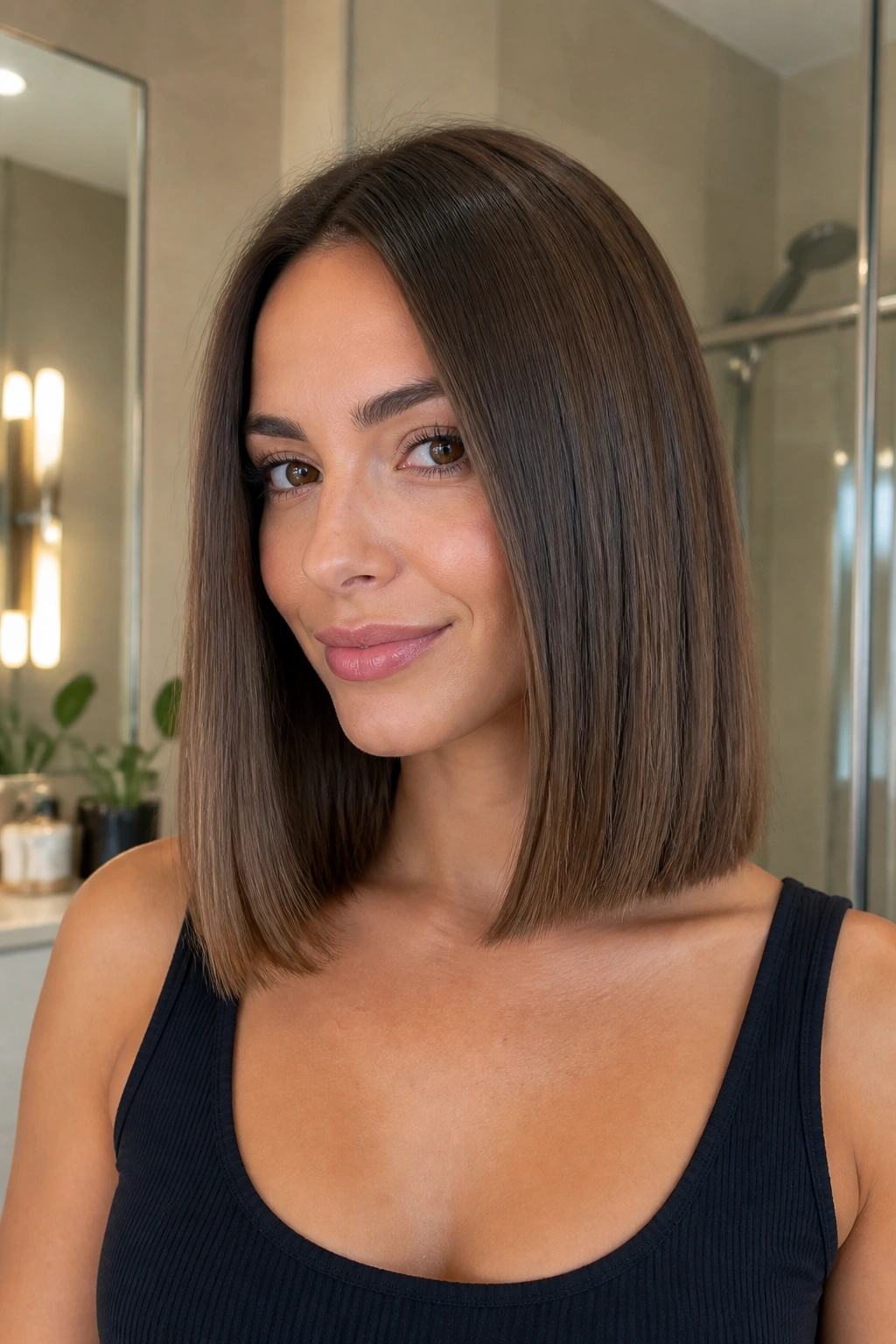 Real woman with shoulder-length blunt cut with hidden internal layers