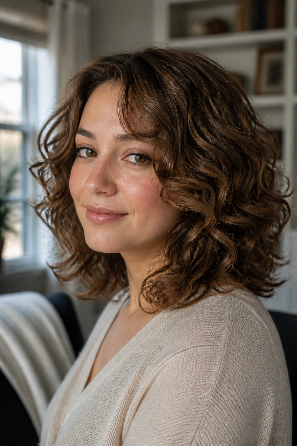 Close-up of real woman with shoulder-length curls and layered cut
