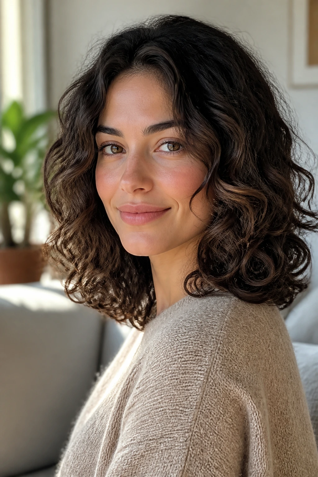 Close-up of a real woman with shoulder-length curls and soft layered edges.