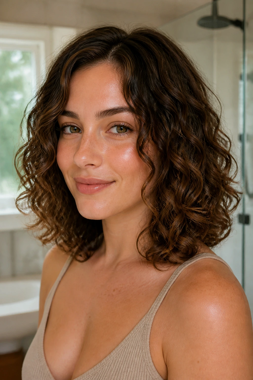 Close-up of a real woman with shoulder-length curls and tapered ends