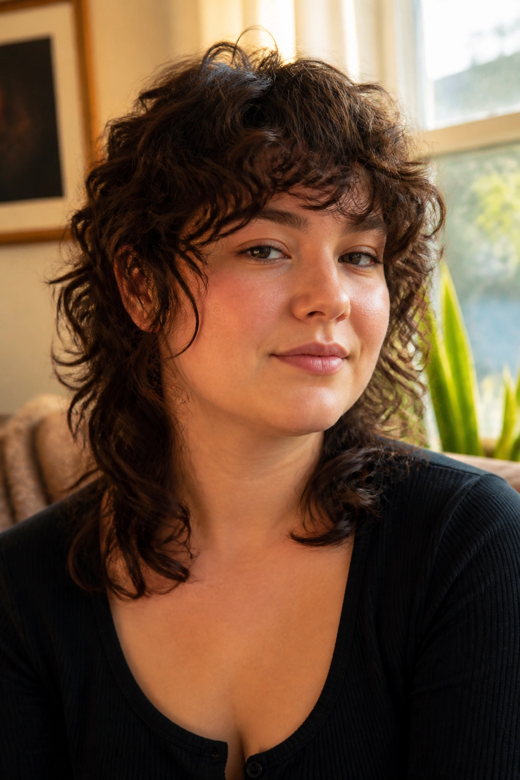 Close-up of a real person with shoulder-length curly mullet for round faces