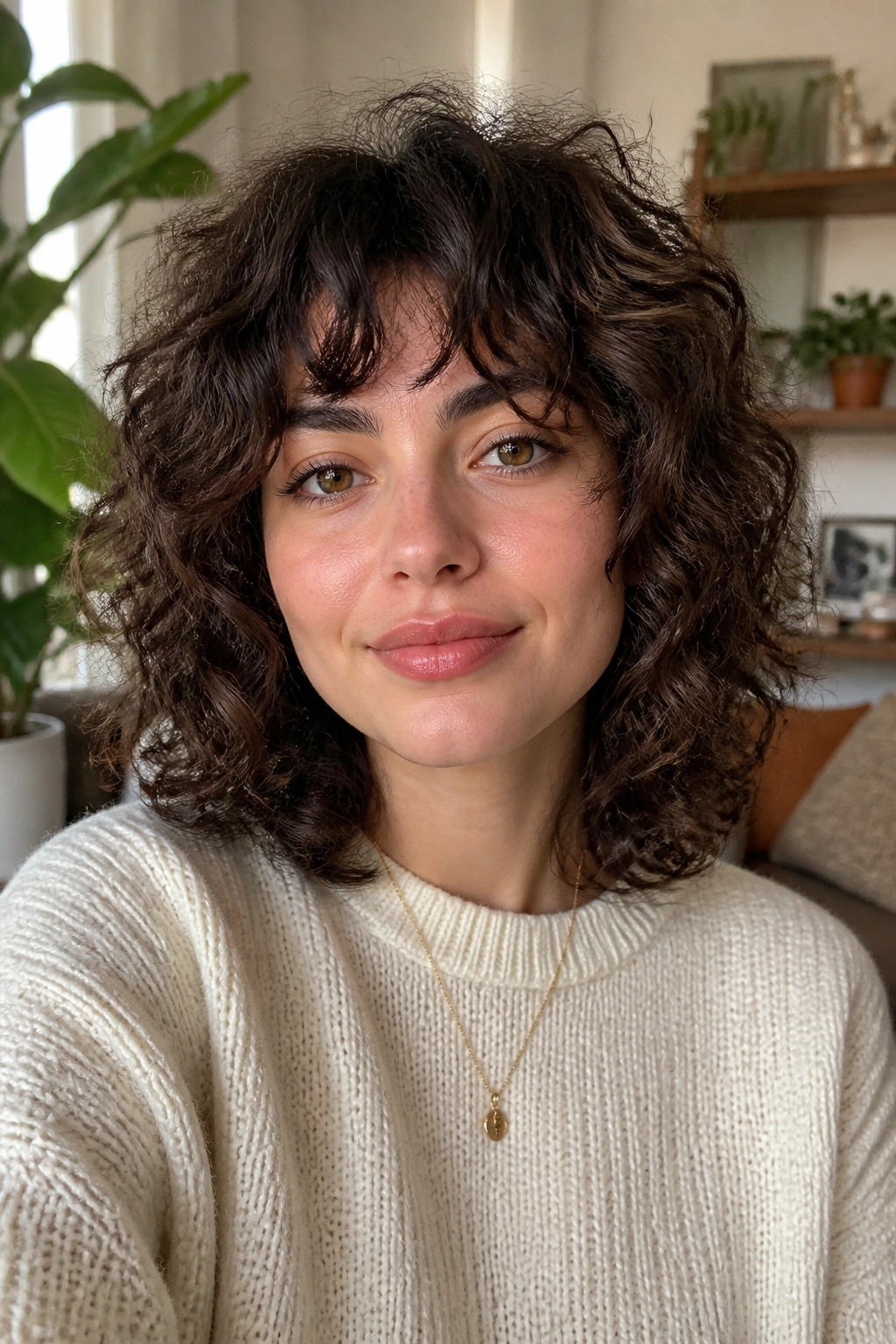 Portrait of a real woman with a shoulder-length curly shag in a bright living room