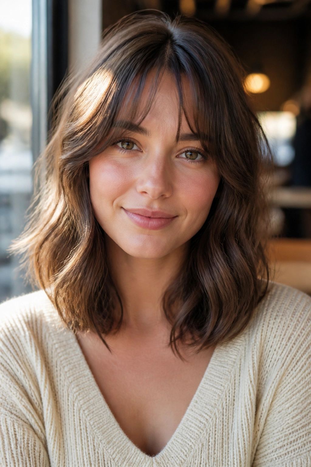 Portrait of a real woman with shoulder-length hair and curtain bangs