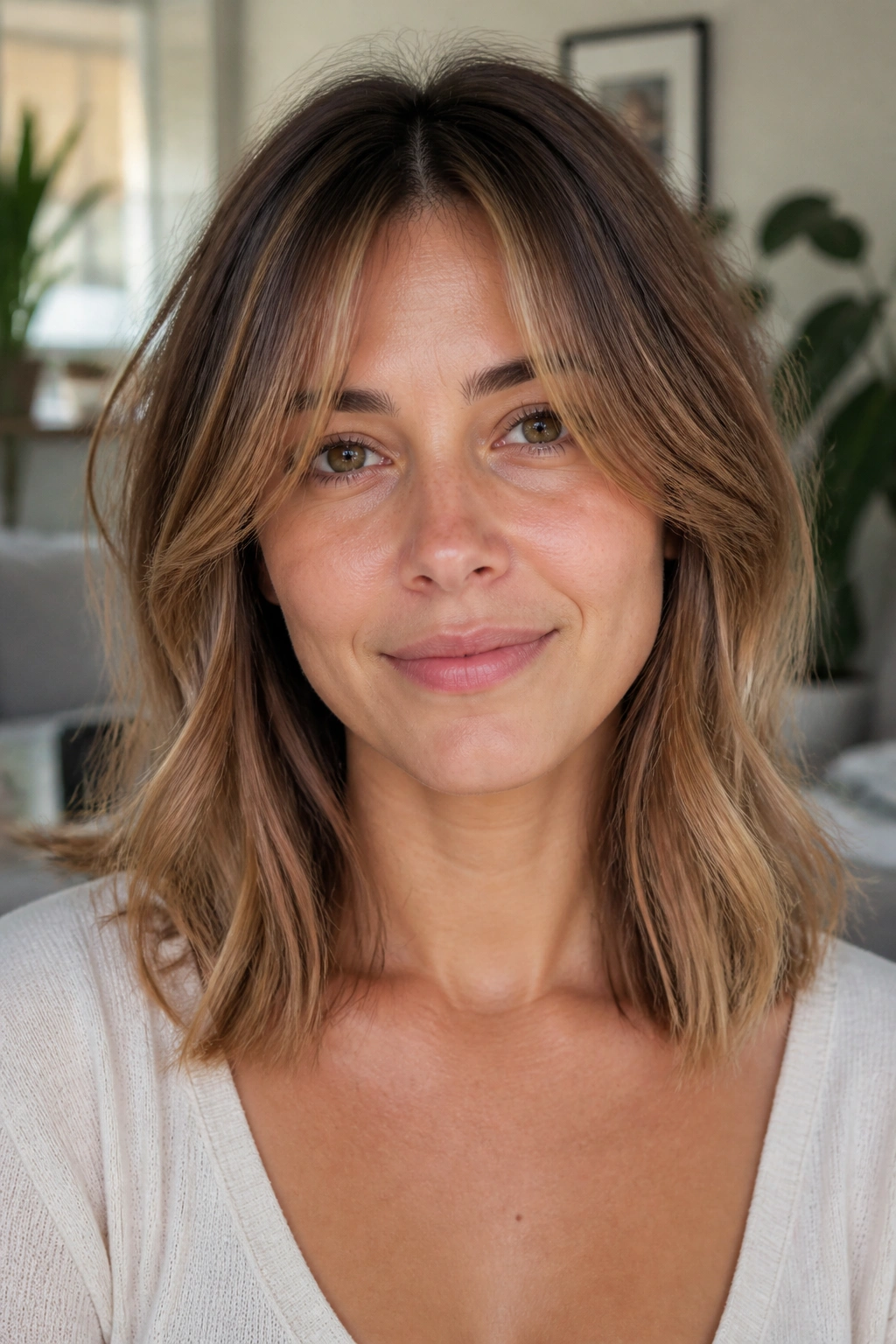 Close-up of a real woman with shoulder-length hair and curtain bangs creating a vertical line