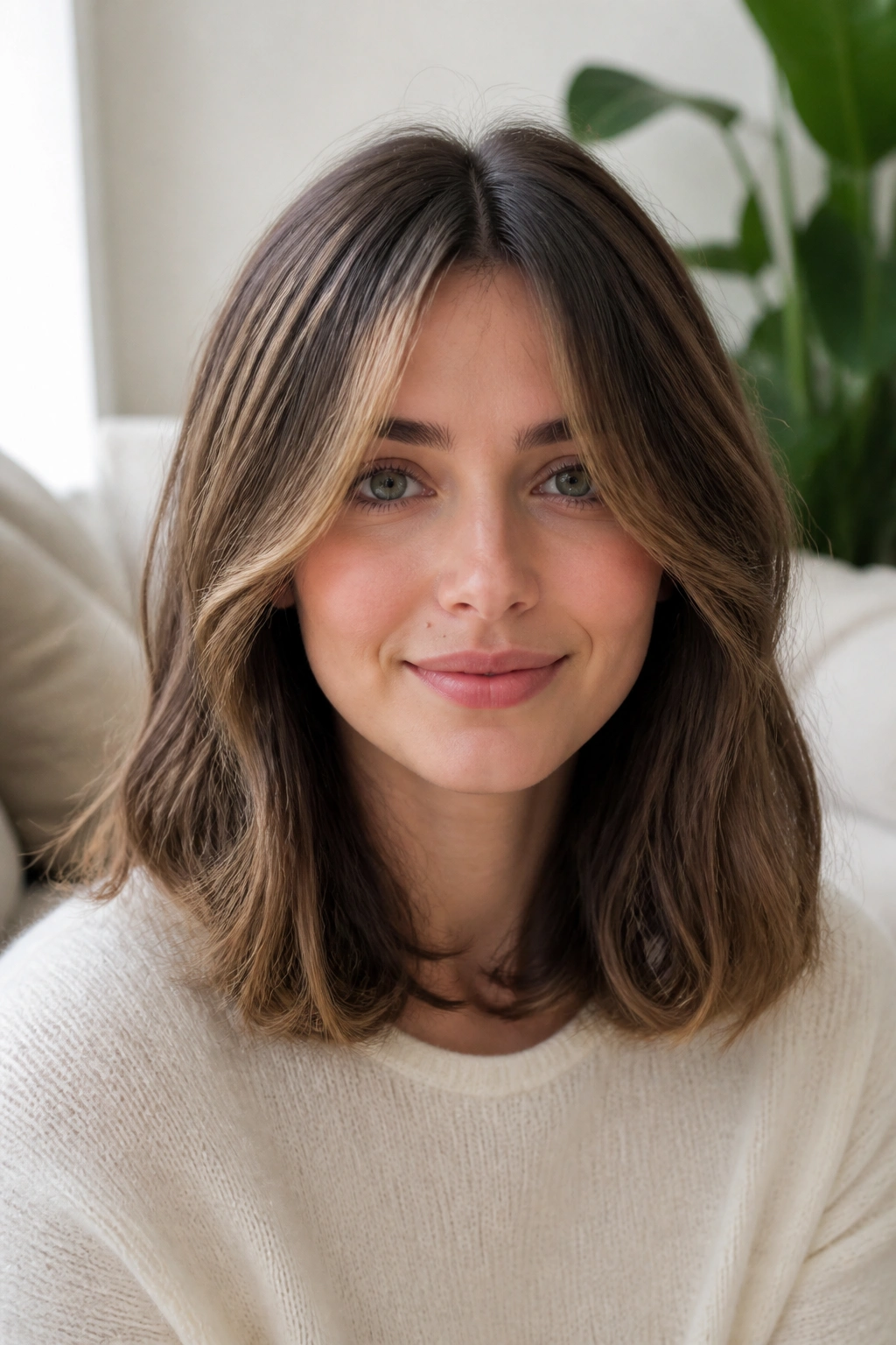 Close-up of a woman with shoulder-length hair and curtain bangs.