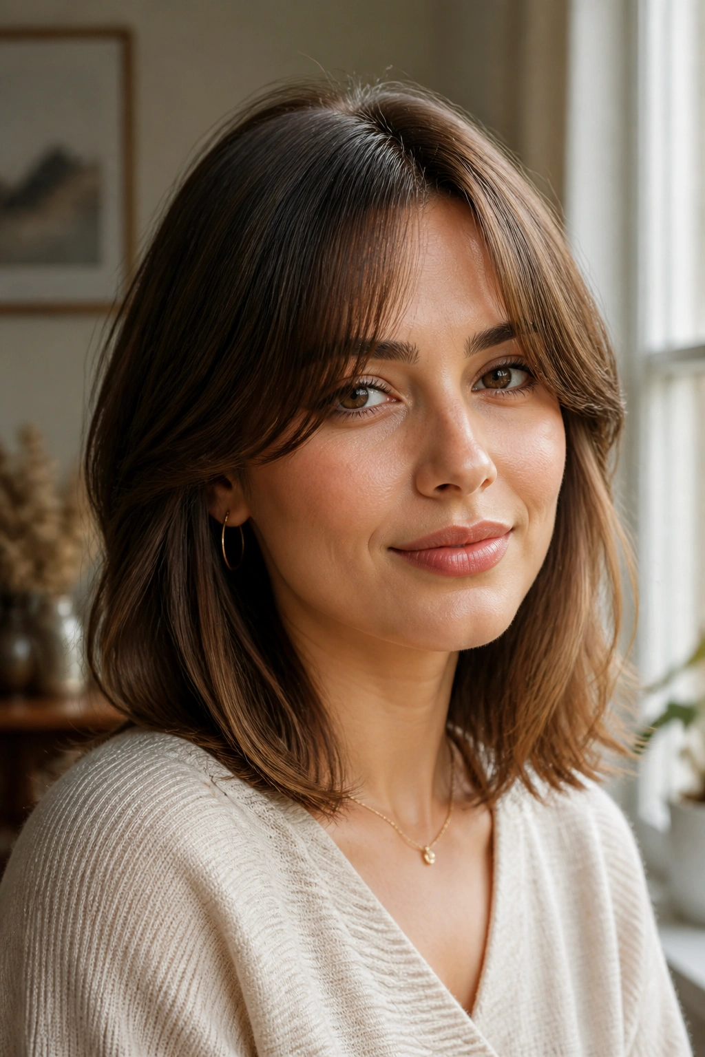 Real woman with shoulder-length hair and curtain bangs framing her face