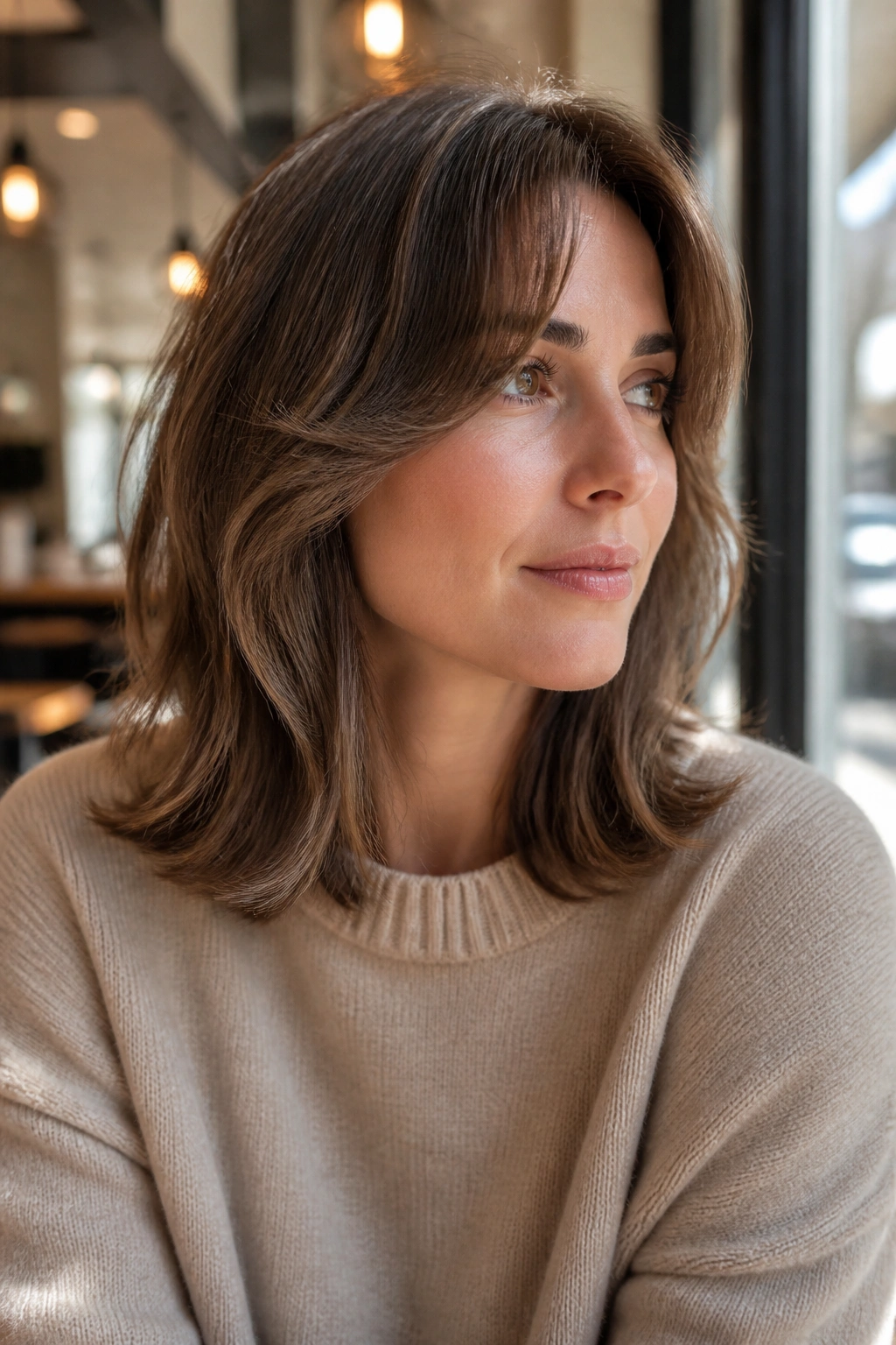 Close-up of a real woman with shoulder-length hair and curtain bangs.