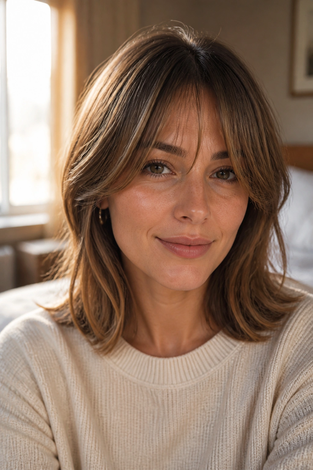 Close-up portrait of a real woman with shoulder-length hair and curtain bangs in warm window light