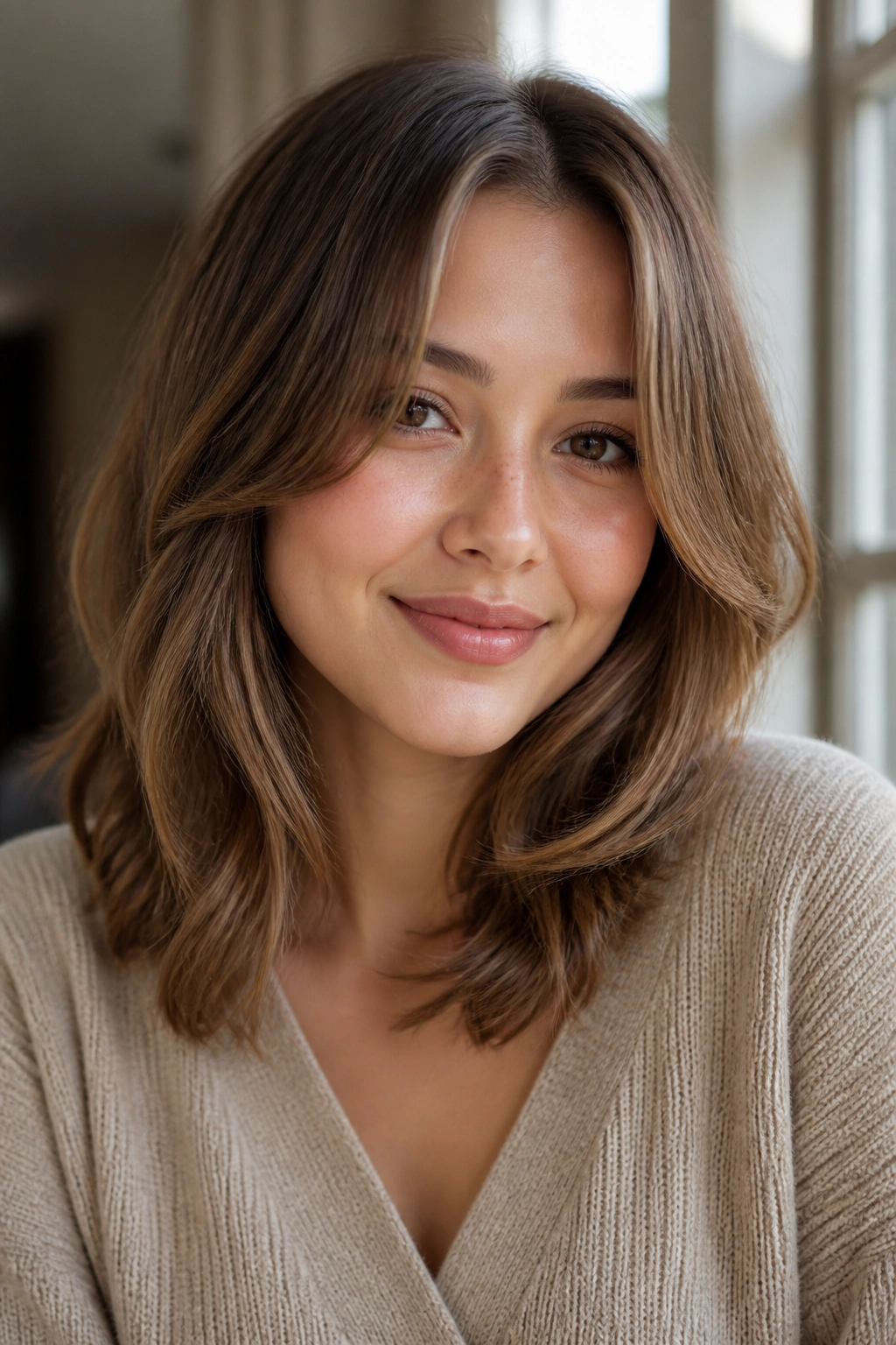 Close-up of a person with shoulder-length hair and airy curtain layers