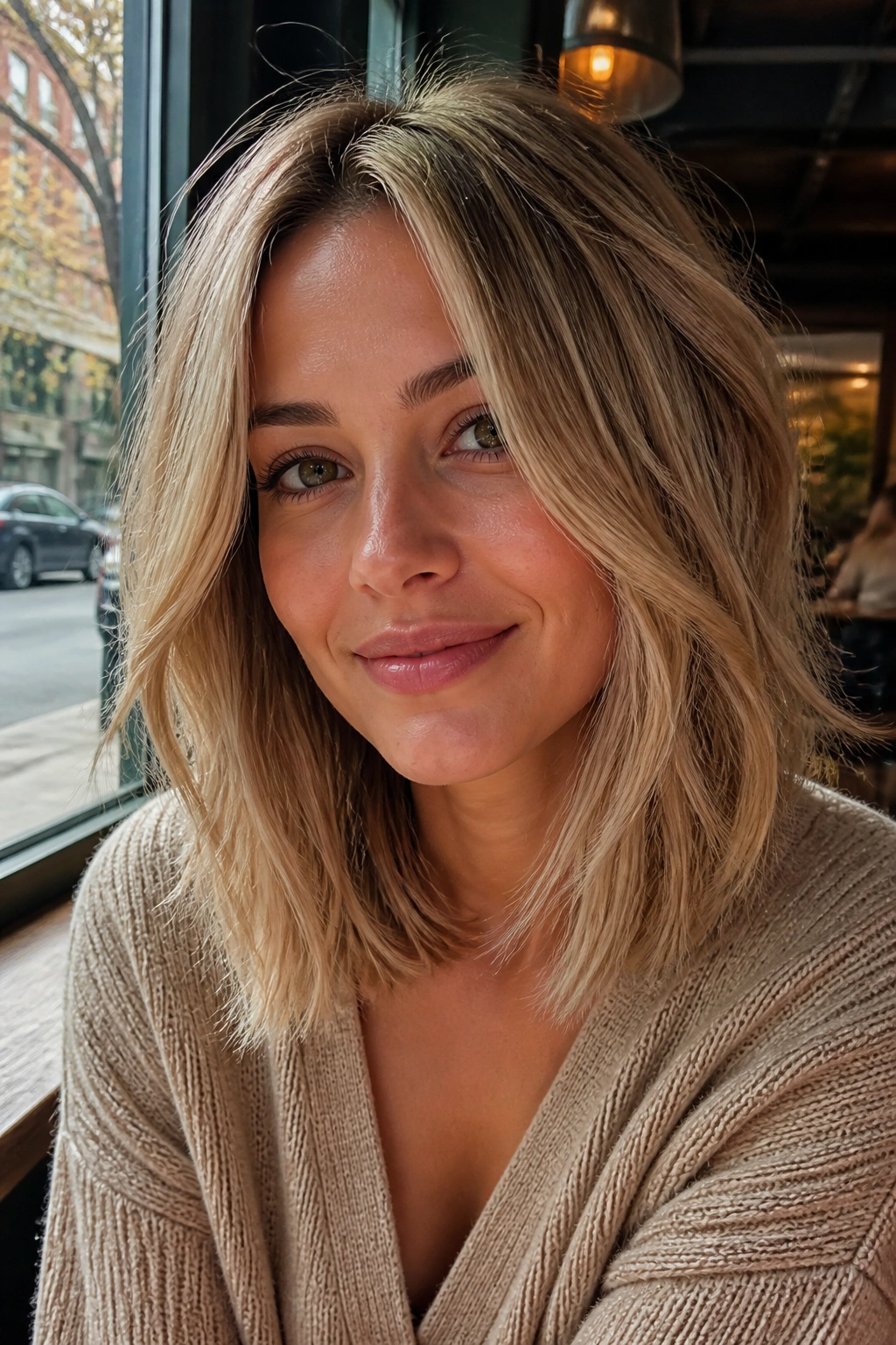 Portrait of a real person with a shoulder-length cut featuring sliced interior layers in beige blonde.