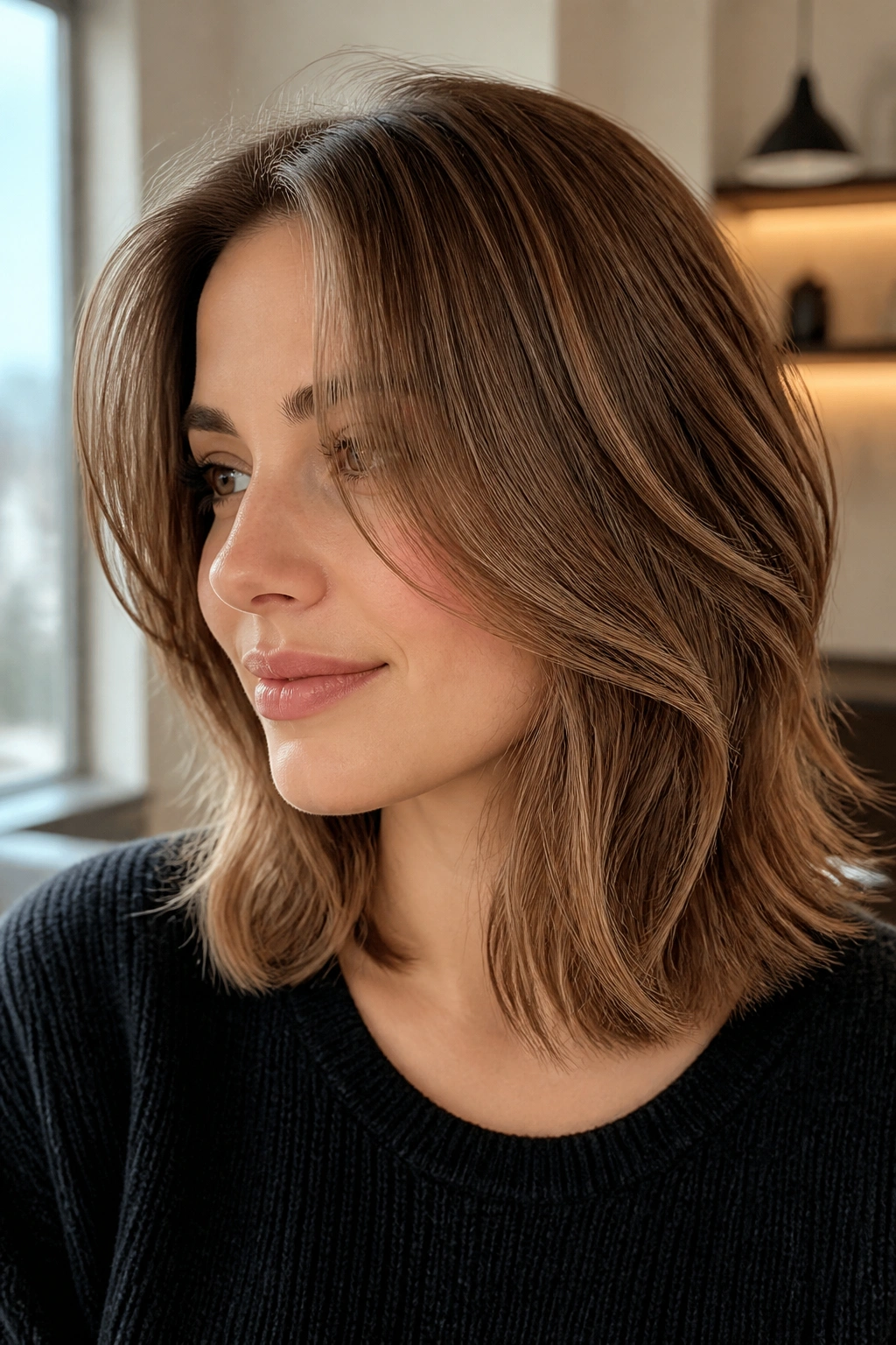 Close-up of a real woman with shoulder-length cut and face-framing layers