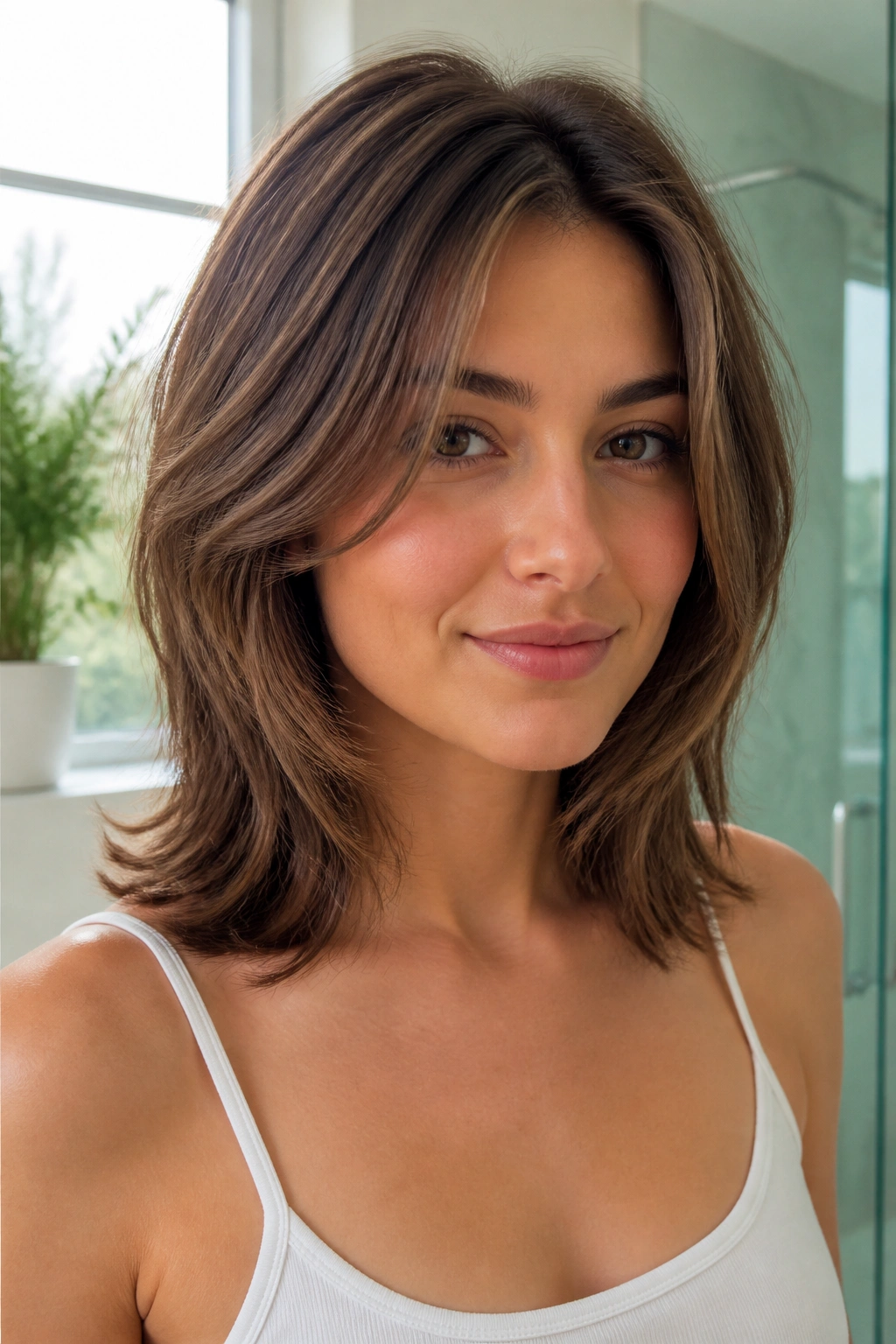 Close-up of a woman with shoulder-length feathered cut and face-framing layers.
