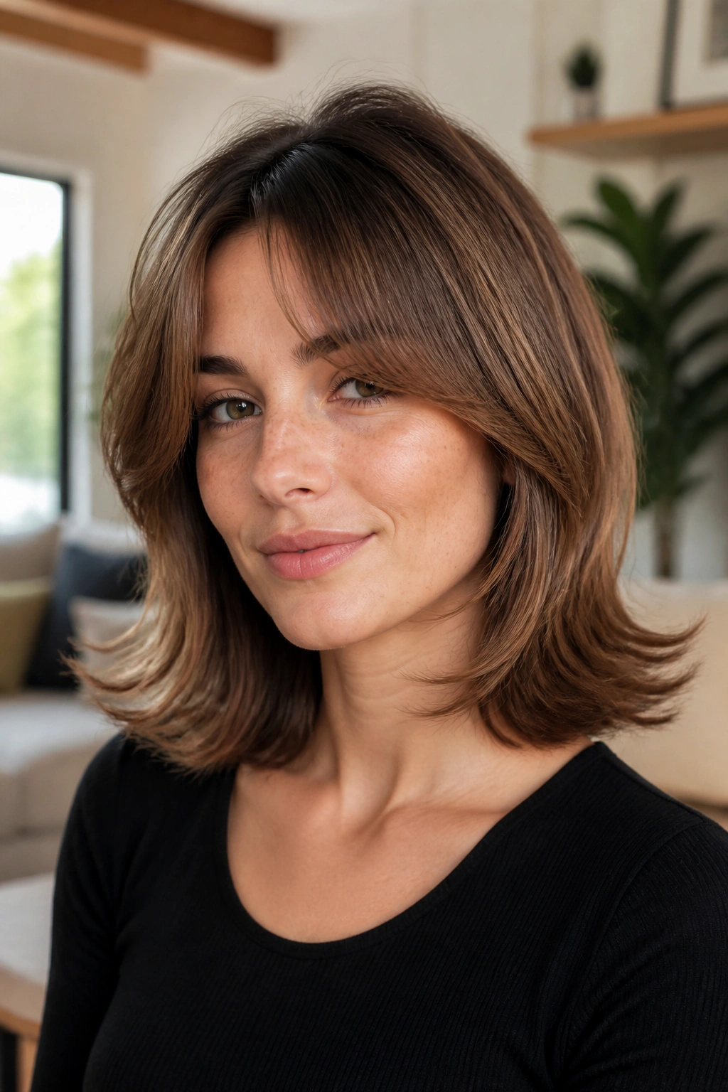 Close-up portrait of a woman with shoulder-length flip and feathered ends, natural daylight