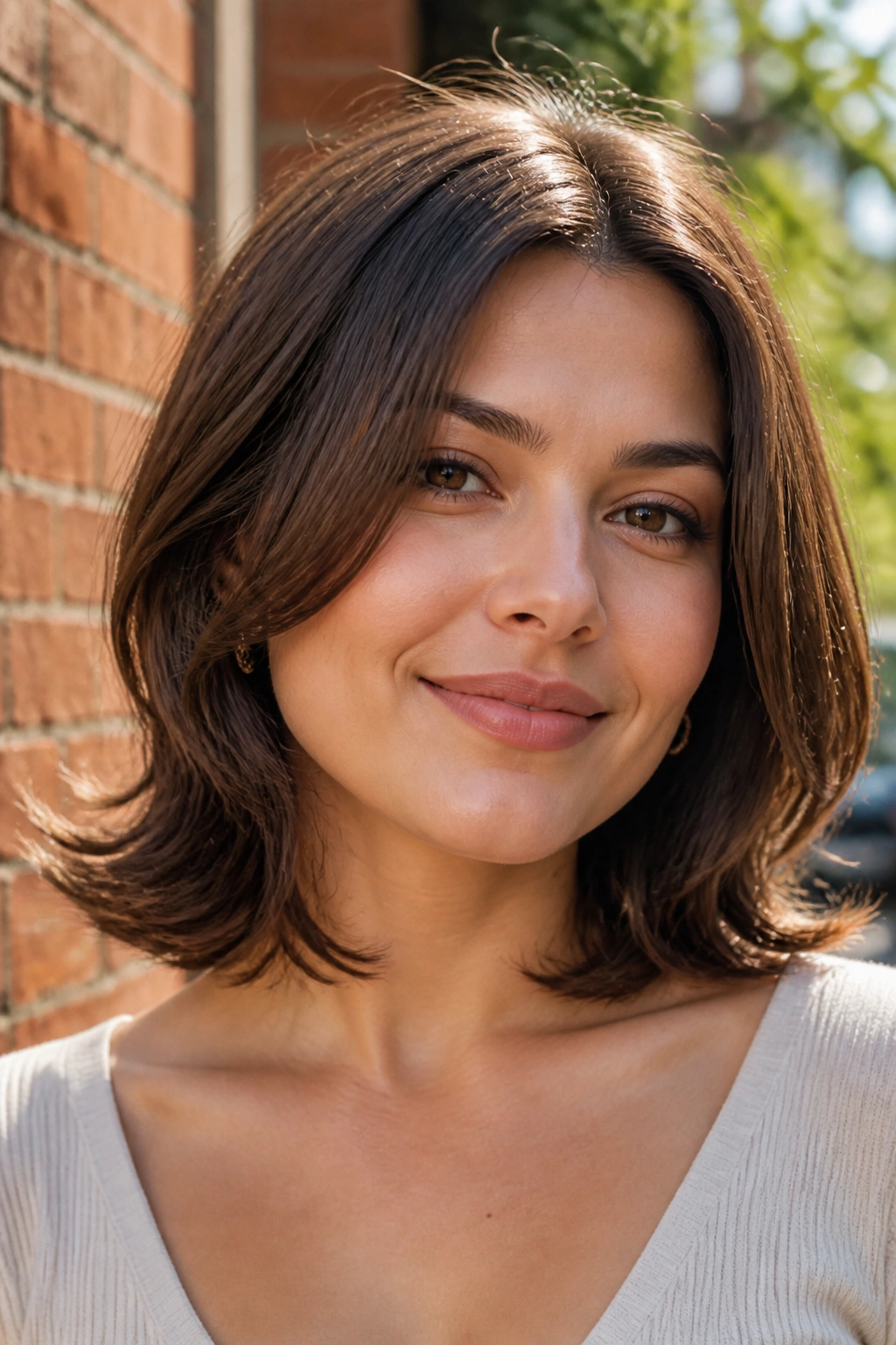 Portrait of a woman with shoulder-length hair flipped at the ends against a park backdrop.