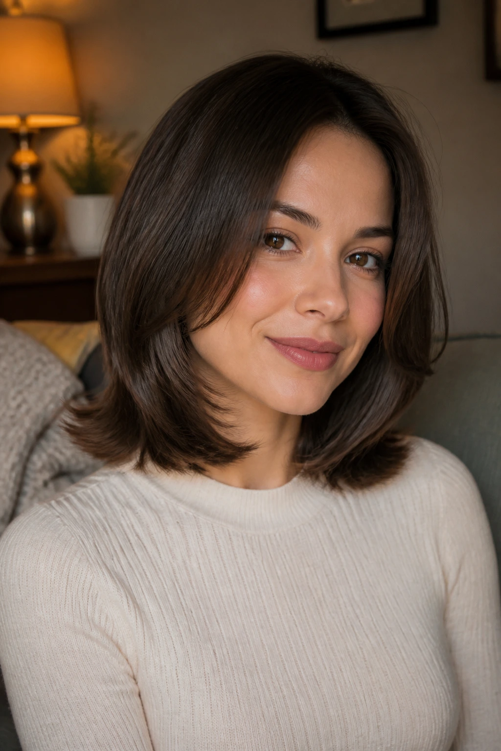 Close-up of a real woman with shoulder-length hair and a subtle flip