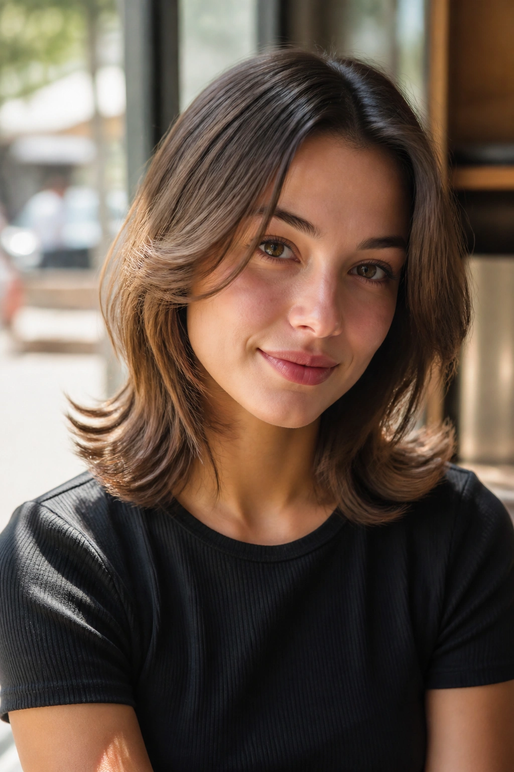 Close-up portrait of shoulder-length hair flipped at the ends with layered texture.