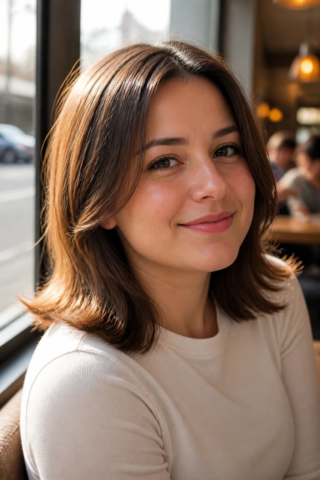 Shoulder-length hairstyle with flipped ends on a real person