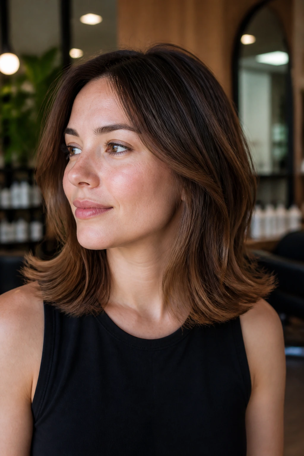 Close-up portrait of a real woman with shoulder-length hair flipped at the ends, warm natural light.