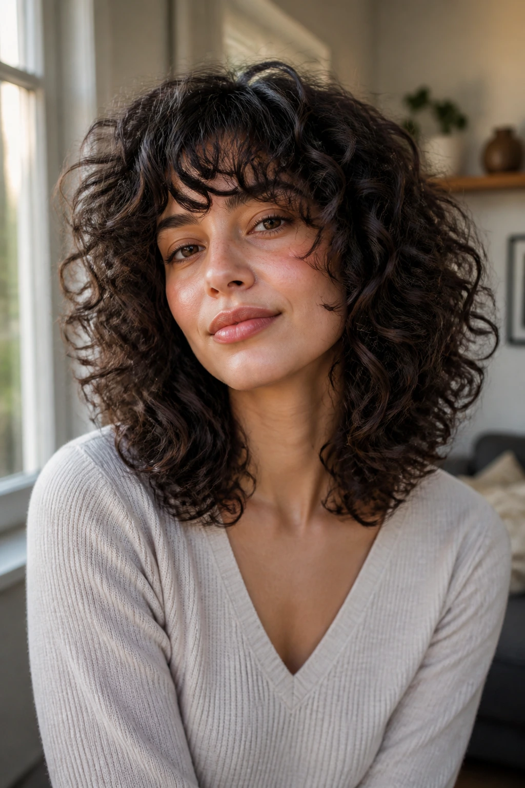 Real person with shoulder-length curls and soft fringe