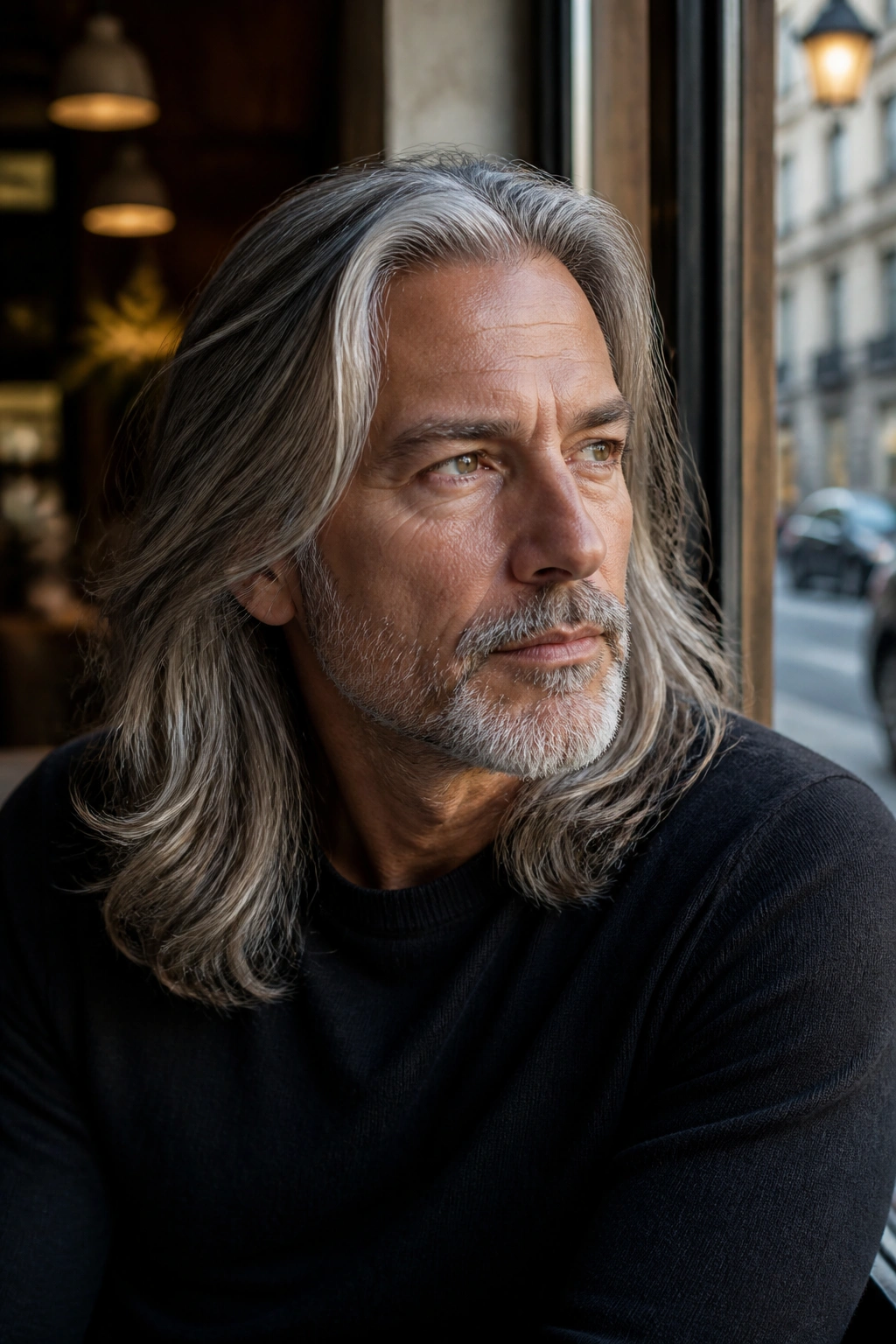 Close-up portrait of a man with shoulder-length grey hair in cafe light