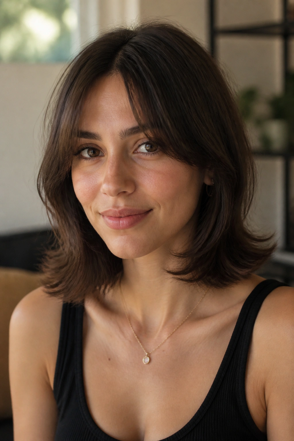 Close-up of a real person with shoulder-length hair flipped-out at the ends to balance a long face